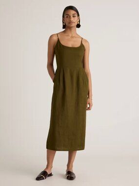 Quince 100% Linen Midi Dress XS Olive Green Smocked Back Strappy